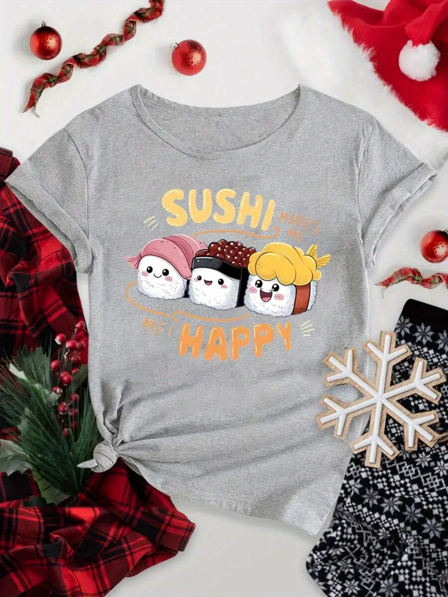 Women's Short Sleeve T-Shirt With Cartoon Rice Ball Design - Light Grey - View 1