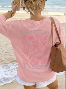 New 2026 Women's Casual Summer Loose Fit T-Shirt, Featuring Sea Creature Prints And Text, Made Of Comfortable And Breathable Fabric, A Relaxed American Retro Style Short Sleeve T-Shirt, Suitable For The Beach, Casual Daily Wear And Lounging At Home On Weekends. - 粉紅色 - 查看 2