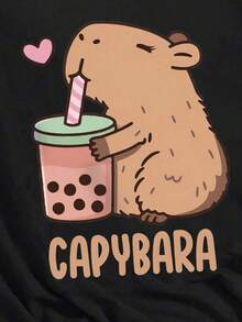 Women's Short Sleeve Basic T-Shirt Casual Creative Capybara Graphic Print Elegant T-Shirt - 黑色 5 - 查看 7