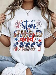 1 Piece Women's Crew Neck T-Shirt With Starry And Bold Print, Short Sleeve, 4th Of July Independence Day Celebration, Casual Patriotic Style, 180g 100% Cotton - 白色 - 查看 7
