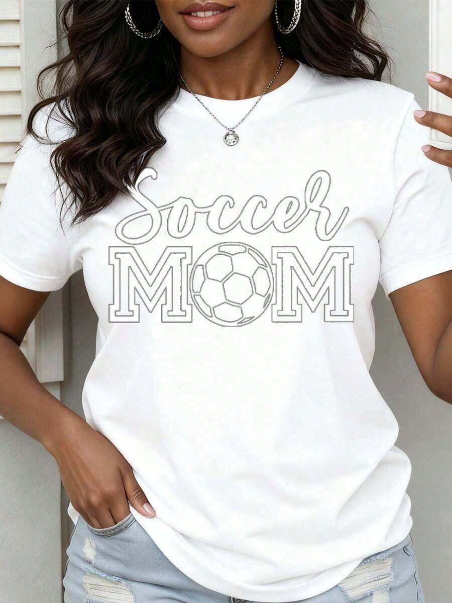 1 Piece Women's Round Neck T-Shirt With Graphic Print "Soccer Mom", Soft, Comfortable And Breathable Fabric, Versatile And Practical Design For All Seasons, Elegant Fashion For Women, Soft Texture, Casual And Sporty Style, Perfect For Leisure Activities, Essential Garment For Holidays, 180g 100% Cotton. - 白色 - 查看 1
