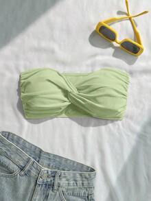 Top de bikini bandeau de un solo color con efecto retorcido - Verde Limelight - Ver 1