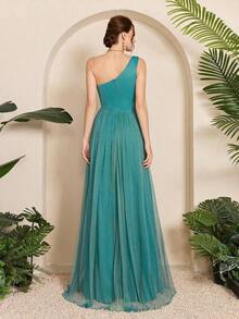 Vestido largo de malla con un hombro, plisado asimétrico en el pecho, cintura hueca y bajo dividido para boda primaveral - Agua verde azul - Ver 2