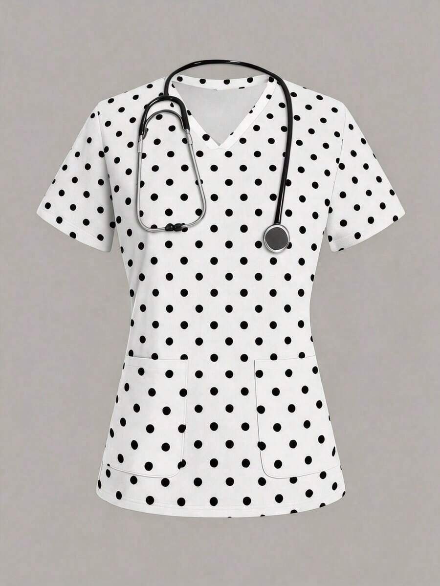 Blusa de uniforme de enfermería con cuello en V, manga corta y estampado de graffiti casual - Multicolor 14 - Ver 1