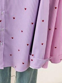 Blusa de mujer con cuello polo, estampado de corazones y rayas - Camisa casual de manga larga con botones, adecuada para uso diario en primavera, verano y otoño - Rayas moradas - Ver 7
