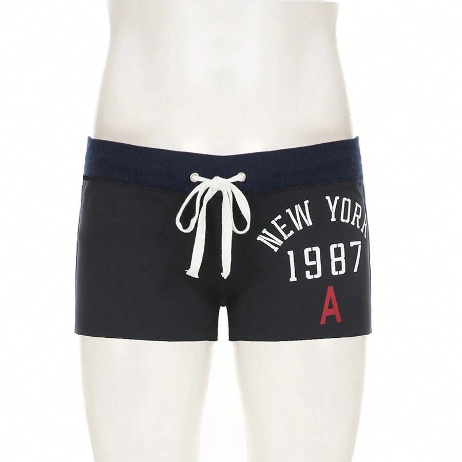 Pantalones Cortos con Cordón y Estampado de Letras Estilo Americano Vintage, Ropa Estética de los 2000s, Y2K, Pantalones de Cintura Baja para Mujer, Casuales de Verano, Coquette - azul profundo - Ver 1
