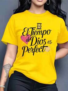 Playera camiseta gráfica dama mujer manga corta cuello redondo básica cómoda fresca ligera moderna juvenil casual estampado frase religiosa tiempo de dios es perfecto letras cristiana corazón - Amarillo - Ver 1