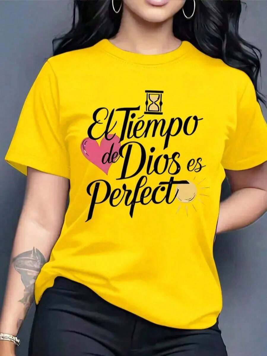 Playera camiseta gráfica dama mujer manga corta cuello redondo básica cómoda fresca ligera moderna juvenil casual estampado frase religiosa tiempo de dios es perfecto letras cristiana corazón - Amarillo - Ver 1