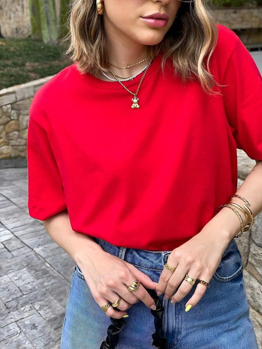 Plain Short-Sleeved T-Shirt, Perfect For Spring And Summer. Casual Women's Shirt, Top, Short-Sleeved T-Shirt. Ideal For Lounging At Home, Casual Wear, Shopping, Or Outdoor Sports. Suitable For Both Men And Women. - 紅色的 - 查看 1