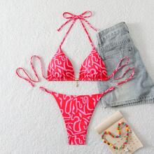 Traje de baño de dos piezas con lazo en el cuello y diseño triangular multicolor para mujer. - estampado de leopardo - Ver 6