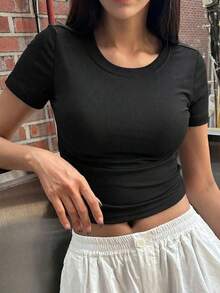 Camiseta de manga corta de unicolor casual para mujer, verano - Negro 6 - Ver 2