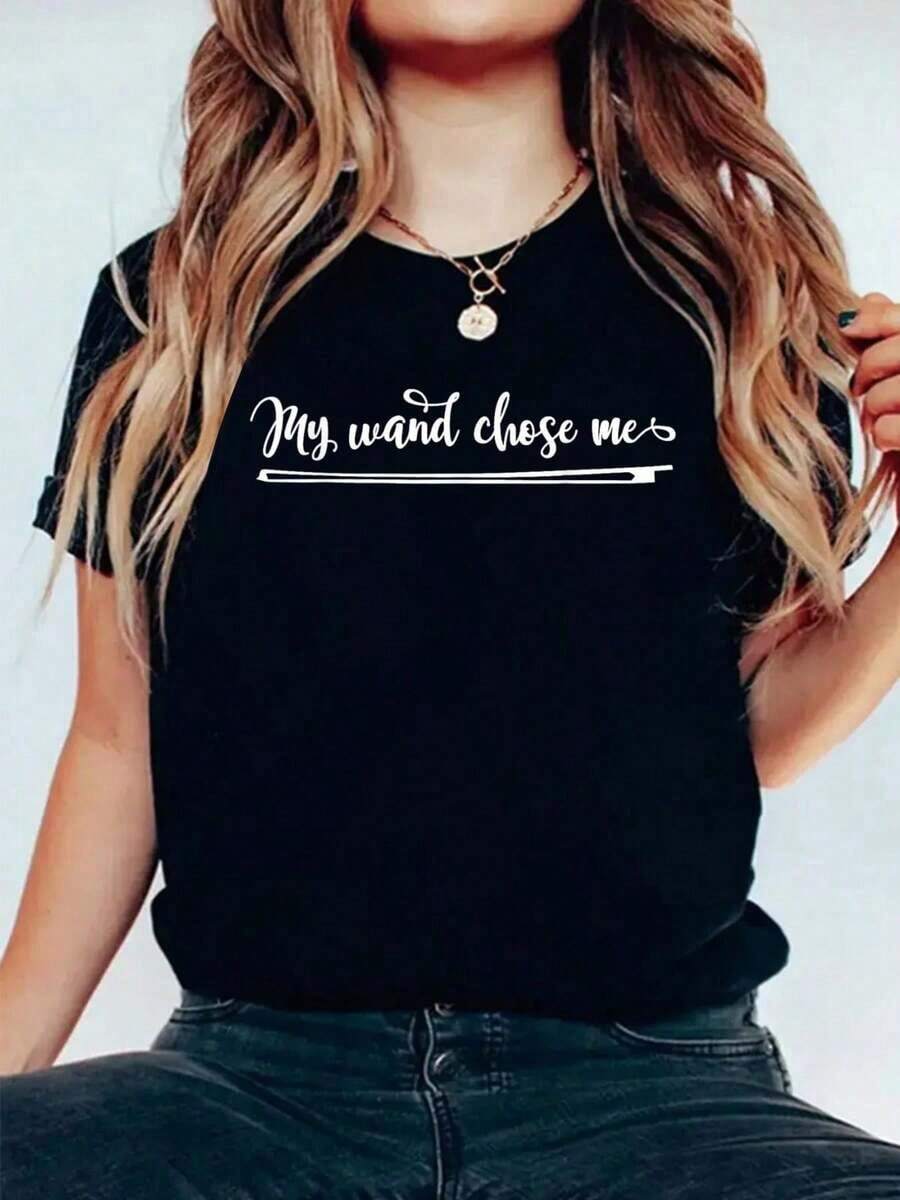 100% Cotton Gift For Violinist, Violin T-Shirt 'My Wand Chose Me', Casual Print, Short Sleeve, Black, Graphic T-Shirts For Women - 黑色 - 查看 1