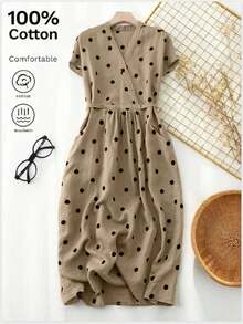 Vestido casual elegante y vintage con estampado de lunares, con bolsillos y lazo en la espalda, silueta minimalista pero refinada de corte evasé con cintura anudada, vestido versátil para oficina/ocasión, conjunto bohemio de lunares para vacaciones, primavera/verano rojo - Caqui - Ver 2