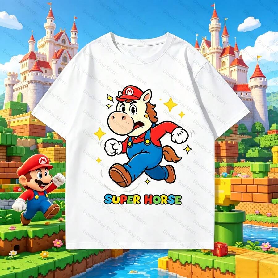 Super Horse Cartoon Print T-Shirt For Boys And Girls, Funny Video Game Character T-Shirt, Casual Summer Short Sleeve T-Shirt For Men, Tops For Women - 款式 - 查看 1