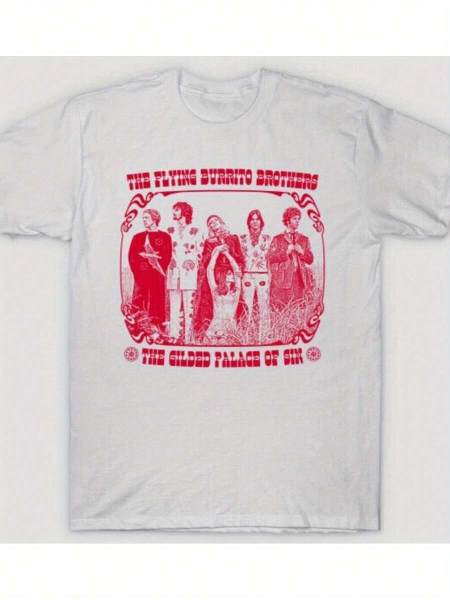 The Flying Burrito Brothers Vintage Band Grafik-T-Shirt - Unisex Weiches Baumwoll-T-Shirt mit Rotem Retro-Druck, Größen S-5XL, Maschinenwaschbar, Fan-Geschenk für Männer & Frauen, Musik-Fan-Kleidung, Bohemian-Stil, Bequeme Passform, Freizeitkleidung, Klassisches Design, Atmungsaktiver Stoff, Bedrucktes Shirt, für Freizeitträger - Weiss - Übersicht 1