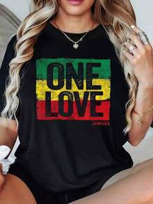 Positive Message ONE LOVE With Colors Inspired By The Jamaican Flag Symbolizing Unity, Peace And World Harmony. Women's T-Shirt, 100% Cotton, Casual And Comfortable - 黑色 - 查看 1