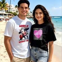 2-Piece Couple Matching Pattern T-Shirt, 100% Cotton, Loose Fit, Soft And Breathable, Casual Round Neck Short Sleeved Top Hello Summer Tropical Beach Vibes Versatile Patterns No Picky Combinations Coordinated Dating Casual Travel Simple And Cartoonish Printing Styles High Cost-Effectiveness Couple - 白色 - 查看 1