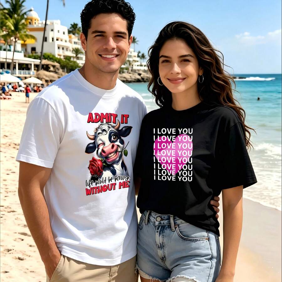 2-Piece Couple Matching Pattern T-Shirt, 100% Cotton, Loose Fit, Soft And Breathable, Casual Round Neck Short Sleeved Top Hello Summer Tropical Beach Vibes Versatile Patterns No Picky Combinations Coordinated Dating Casual Travel Simple And Cartoonish Printing Styles High Cost-Effectiveness Couple - 白色 - 查看 1