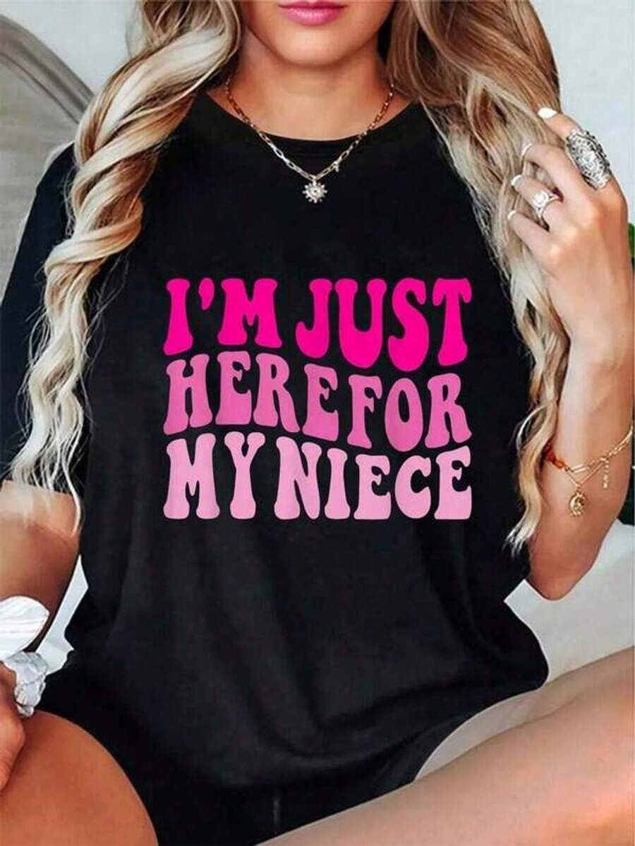 1 Piece Funny T-Shirt "I'm Only Here For My Niece" Cute Pink For Aunt/Uncle, Cool Round Neck Short Sleeve T-Shirt For Women And Men, Graphic T-Shirt 180g 100% Cotton - 黑色 - 查看 1