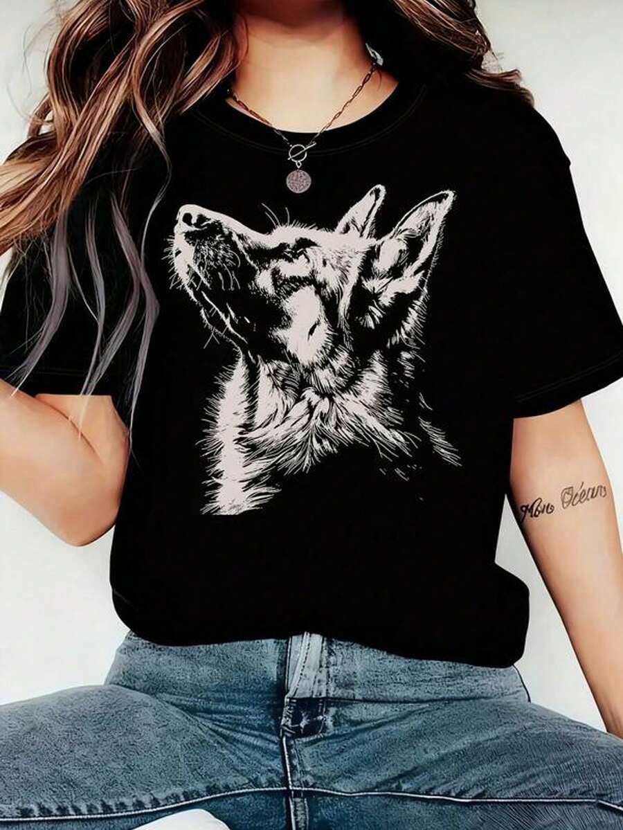 Camiseta suave y cómoda para mujer con la silueta de un pastor alemán, un regalo adecuado para dueños de perros.|Camiseta estampada linda, estilo playero y urbano para vacaciones - regalo de cumpleaños para mujeres, dulce, casual, elegante, a la moda, sexy, ropa para el hogar, Halloween, Navidad, ropa de verano, boho chic, Día de la Madre, oferta relámpago, camiseta para mujer.