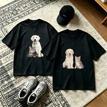 2-Piece Couple Matching Pattern T-Shirt, 100% Cotton, Loose Fit, Soft And Breathable, Casual Round Neck Short Sleeved Top Cruise Ship Family Trip 2024 Sea Adventure Boat Voyage 2028 Versatile Patterns No Picky Combinations Coordinated Dating Casual Travel Simple And Cartoonish Printing Styles High - 黑色 - 查看 1