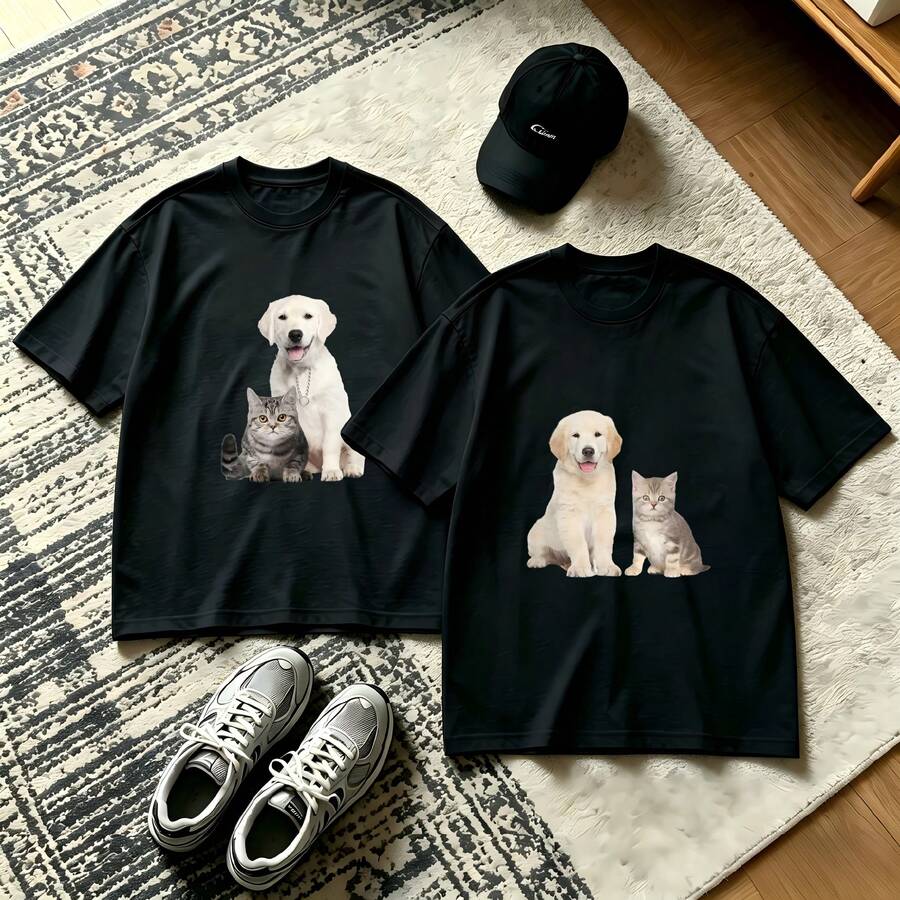 2-Piece Couple Matching Pattern T-Shirt, 100% Cotton, Loose Fit, Soft And Breathable, Casual Round Neck Short Sleeved Top Cruise Ship Family Trip 2024 Sea Adventure Boat Voyage 2028 Versatile Patterns No Picky Combinations Coordinated Dating Casual Travel Simple And Cartoonish Printing Styles High - 黑色 - 查看 1