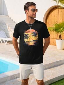 Camiseta de manga corta para hombre Runcati, cuello redondo, diseño casual, estampado de palmeras y atardecer, estilo vintage hawaiano, para verano y playa. TKAL - Negro - Ver 4