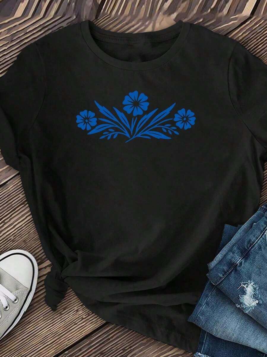 Camiseta casual [Camiseta Vintage Corningware] Camiseta Vintage Corningware Azul Acianos |     Cocina Vintage de Mamá, Patrón de Flores Azules, 100% Algodón, Resistente - Negro - Ver 1