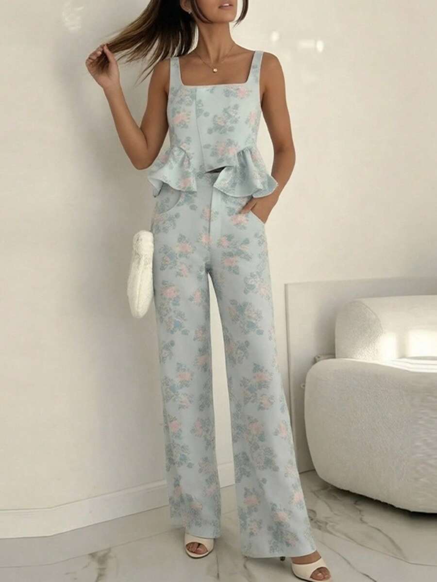 Conjunto casual primavera estilo europeo estampado con volantes elegante moda vacacional para mujer - Azul - Ver 1