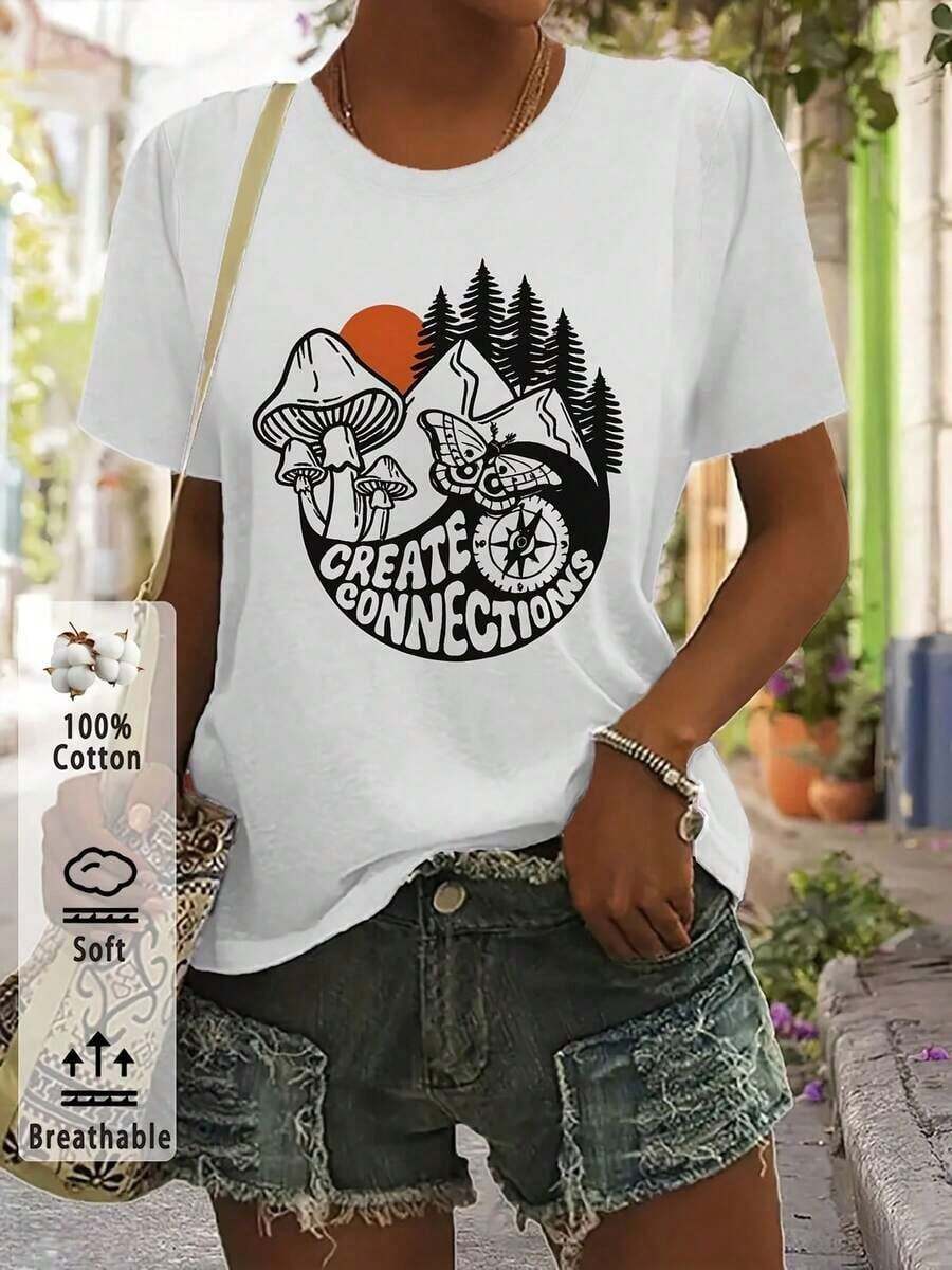 Camiseta de talla grande con estampado gráfico, manga corta, cuello redondo, estilo casual para verano y primavera, ropa de mujer_0580. Camiseta cómoda y vibrante, de diseño retro, adecuada para mujeres. Camiseta casual de manga corta para mujer, talla estándar, camiseta básica. Adecuada para primavera, verano y otoño. - Blanco - Ver 1