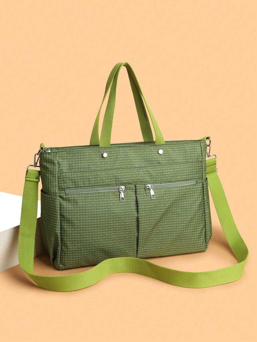 新款女士斜挎包,时尚复古风手提包,条纹格纹尼龙材质,多口袋设计,可调节宽肩带,轻便通勤包 - 綠色 - 查看 1