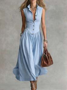 Vestido largo nuevo de primavera para mujer, estilo francés elegante, inspiración de diosa, cuello con solapas, sin mangas, diseño favorecedor y entallado, perfecto para eventos y looks sofisticados - Azul - Ver 6