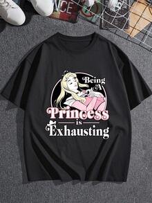 Illustration Of A Blonde Princess Resting With A Sweet Expression And A Funny Message Expressing Tiredness Of Being Perfect, Reflecting Humor And Feminine Charm. Comfortable Casual Women's T-Shirt For Everyday Wear - 黑色 - 查看 3