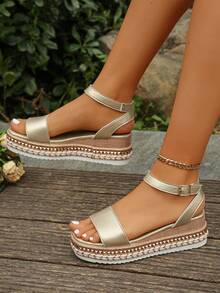 Sandal đế xuồng rộng, đế dày, cài khóa dành cho nữ, kiểu dáng thời trang phù hợp cho kỳ nghỉ, đi chơi, dự tiệc và tụ họp. - Khóa vuông mạ vàng - Xem 2
