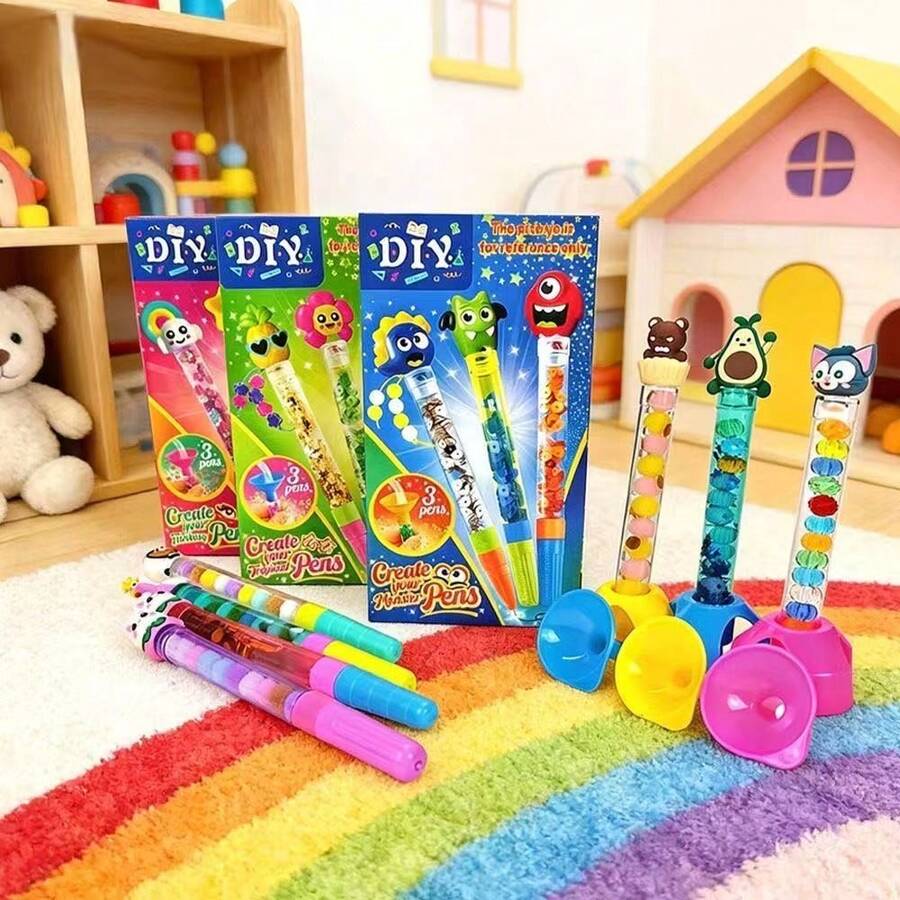 DIY Magic Sand Pen Craft Set, Detective And Spy Themed STEM Interactive Learning Educational Toy, Creative Birthday Gift - 藍色圖案隨機裝三隻裝 - 查看 1