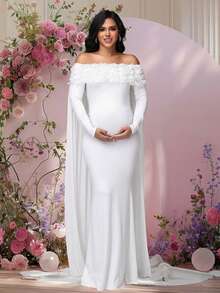 JustVH Floral Off-Shoulder Maternity Dress Suitable For Baby Shower Party, Long Sleeve Mesh Cape Maternity Outfit Plus Size Women Photography Prop - White - View 5