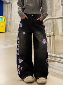 1pc Women's American Street Style Distressed Embroidered Wide Leg Loose Comfortable All-Season Denim Jeans Long Pants (This Product Does Not Include Belt/Accessories) - Mauve Purple - View 4