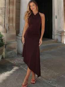 Vestido mujer moda espalda descubierta pliegues cintura ajustada lazos elegante estilo europeo - Café - Ver 2