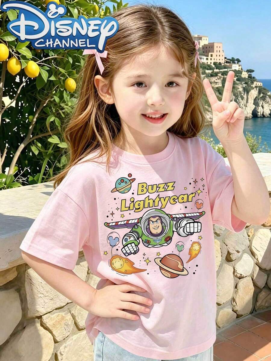 DisneyCute Cartoon Style Men's T-Shirt Buzz Lightyear Space Adventure Summer Wear For Kids And Gift For Children - 粉色 - 查看 1