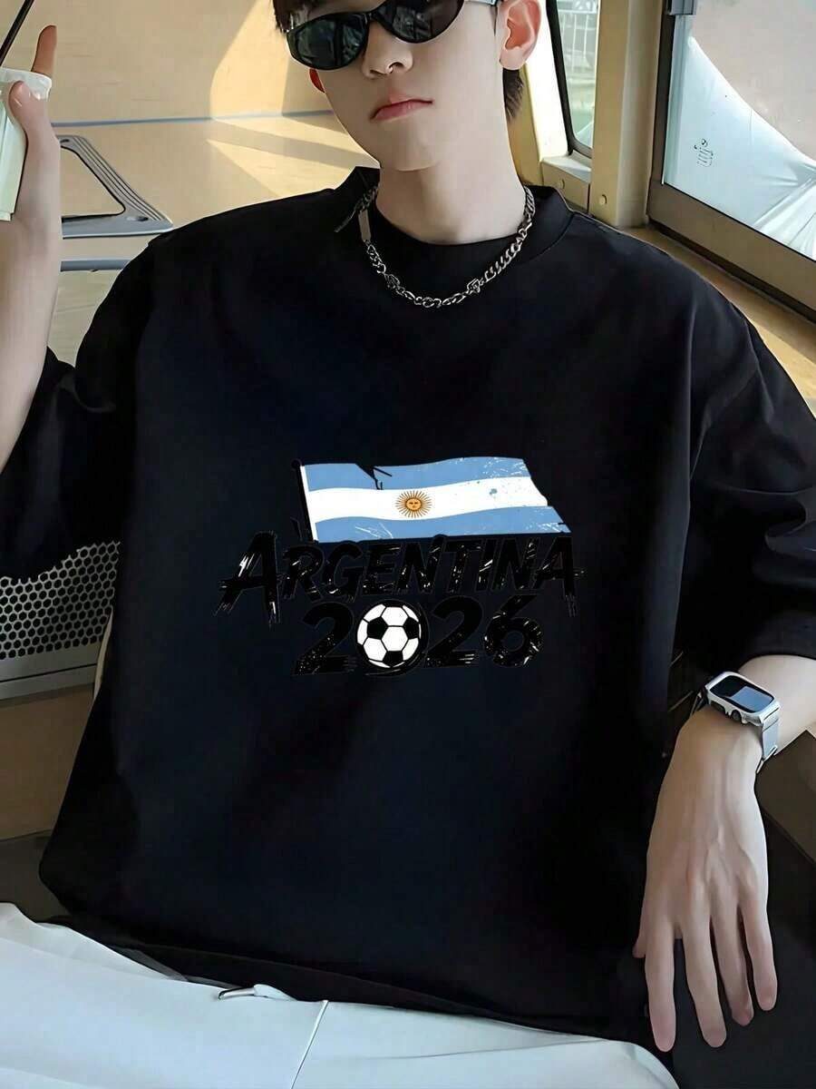Camiseta De Verano Para Hombre, Copa Mundial De La World Cup 2026 Soccer Manga Corta, Algodón Puro, Cuello Redondo, Varios Tamaños Disponibles100% Cotton - Negro - Ver 1