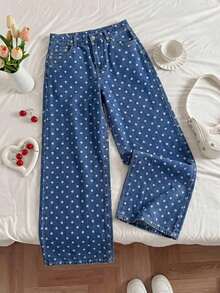 Pantalones vaqueros casuales con estampado de lunares para mujer, pantalones con estampado de lunares, pantalones con estampado de lunares, pantalones lindos, pantalones casuales para mujer, pantalones vaqueros holgados con estampado de - Lavado ligero - Ver 4