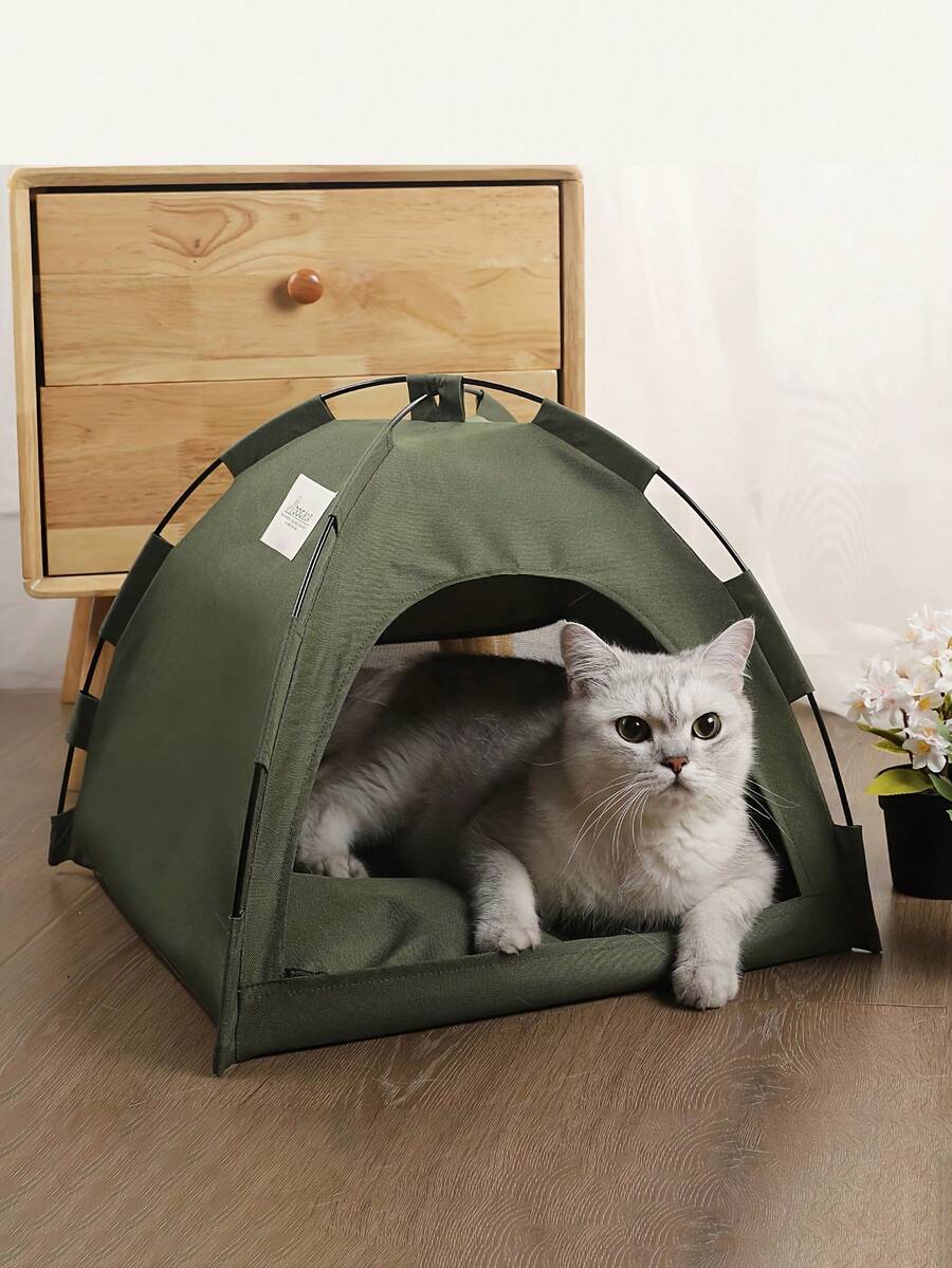 1pc Pet Tent, Breathable Washable Lightweight Solid Color Dog/Cat House, Foldable Portable Indoor/Outdoor Use All Season - Army Green - View 1