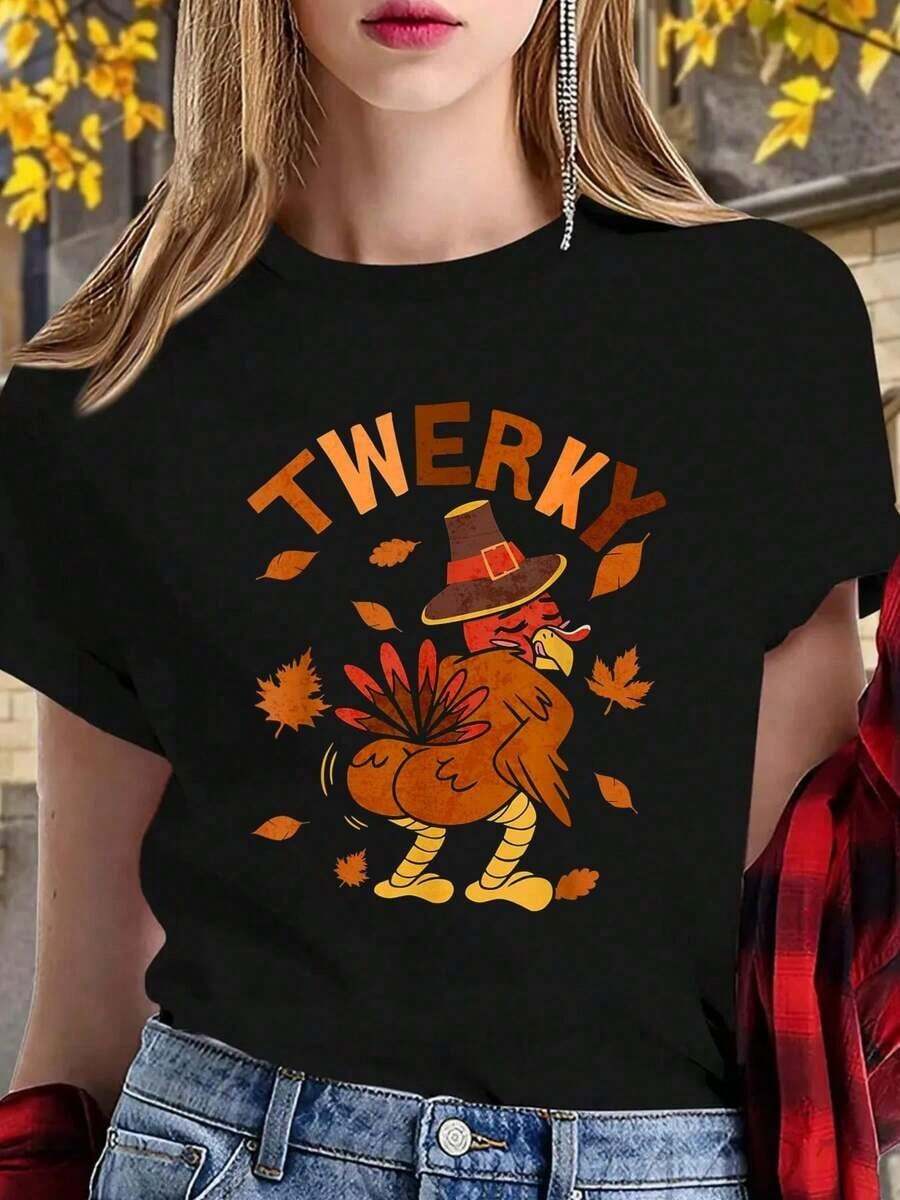1 Pieza de Camiseta Casual de Moda para Hombres y Mujeres, 100% Algodón, Camiseta Divertida con Estampado de Pavo para el Día de Acción de Gracias, Estilo Twerk, 2023, Versátil, fácil de combinar, adecuada para uso diario, estilo urbano, ropa de vacaciones, ropa de fin de semana. - Negro - Ver 1