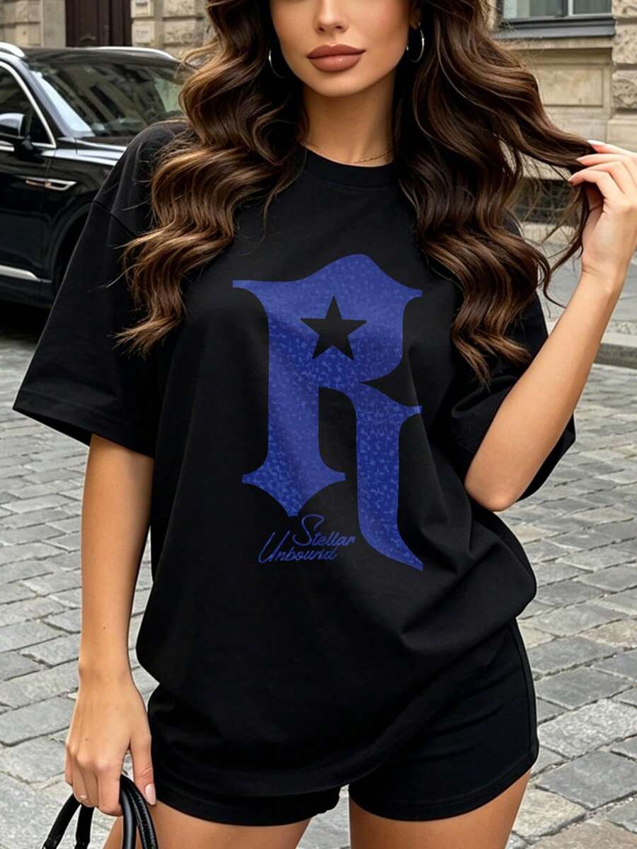 Women's Summer Casual Soft Round Neck Short Sleeve T-Shirt,The Star Letter R Print Graphic Is Suitable For Daily Wear In Spring And Summer.Black - Black - View 1