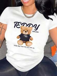 Camiseta de Mujer con Estampado Abstracto Minimalista Creativo de Osito de Peluche, Cuello Redondo, Manga Corta, Estilo Casual Deportivo, Cómoda para Vacaciones, Ropa de Verano - Blanco - Ver 7