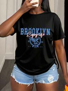 Women's T-Shirts: Brooklyn Custom Print Short Sleeve Crew Neck T-Shirt - Urban Vintage Style, Unisex, Loose Fit, Cotton, Short Sleeve Crew Neck, Summer Style. Women's Sets. - 黑色 - 查看 1