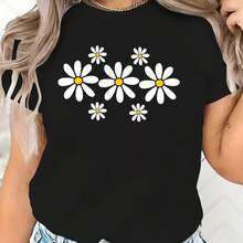 Women's Casual T-Shirt For Spring And Summer, European And American Style, With A Small Daisy Print - Black - View 1
