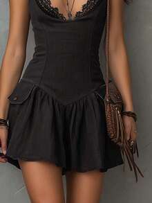 New Short, Slim Dress With Lace Trim For Women In Summer 2026 - Black - View 2