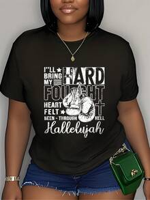 Women's Plus Size Christian Graphic Tee - Brandon Lake's Sincere And Hard-Earned Hallelujah Design, Soft And Breathable Fabric, Casual Short Sleeve Crew Neck Tee With Applique Details, Women's Clothing - 黑色 - 查看 1