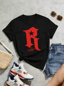 Women's Summer Casual Soft Round Neck Short Sleeve T-Shirt,The Star Letter R Print Graphic Is Suitable For Daily Wear In Spring And Summer.Black - Black - View 5
